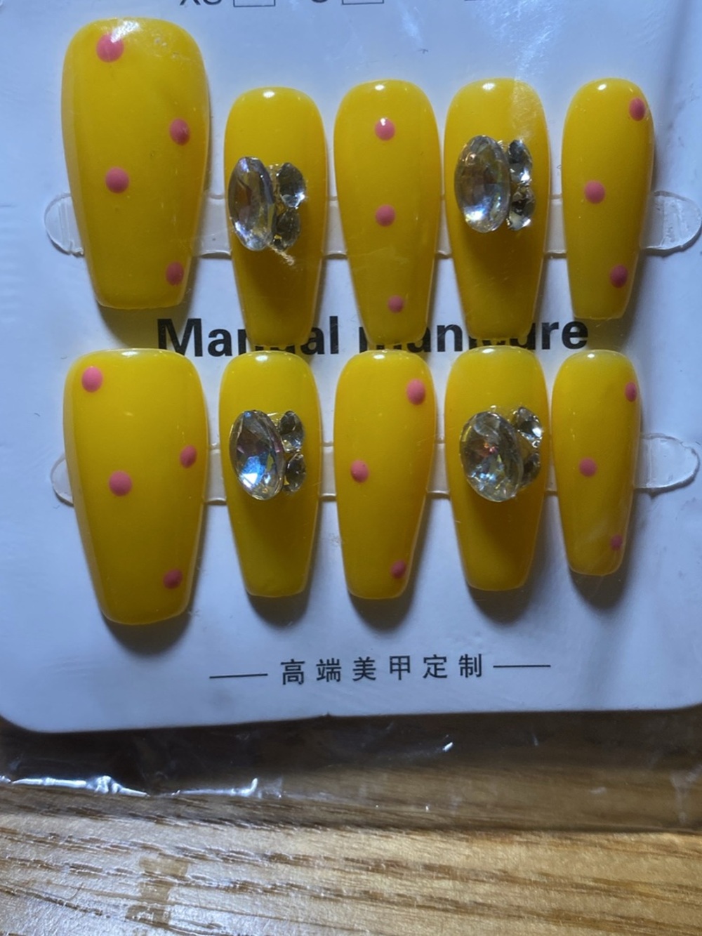 Yellow Polka Dot Press-On Nails with Rhinestones - Women Makeup